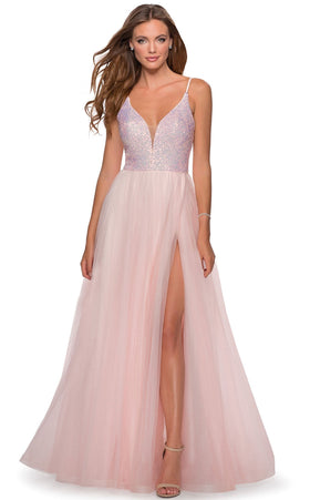 La Femme 28464C Beaded Sequin Open Back V Neck Prom Dress