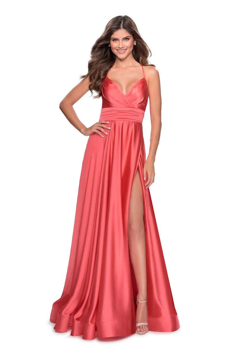 Satin A-Line Prom Dress with V-Neck Lace-Up Back & Thigh Slit Dress by La Femme 28571