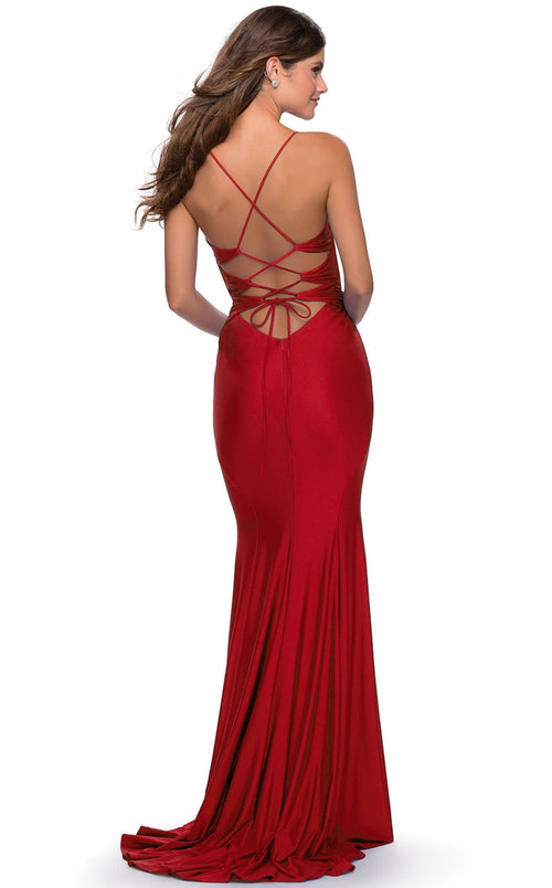 La Femme 28574C Slit Train V Neck Sleeveless Prom Dress