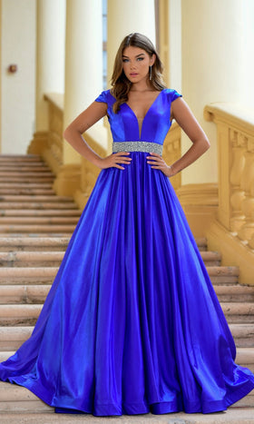 Ava Presley 28580 Classy Long A-Line V-Neck Cap Sleeves Open Back Pockets Dress