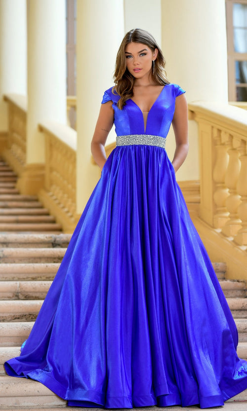 Ava Presley 28580 Classy Long A-Line V-Neck Cap Sleeves Open Back Pockets Dress