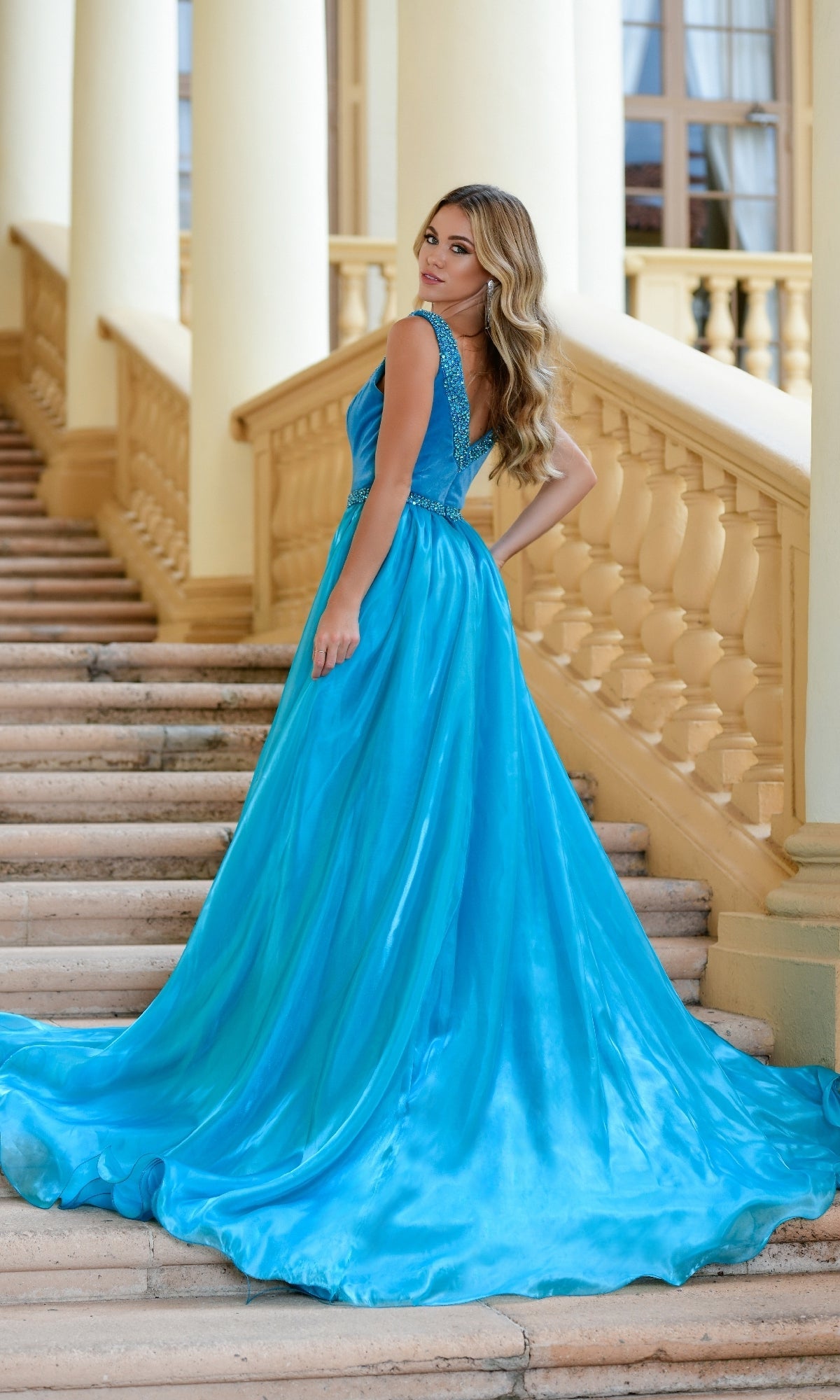 Ava Presley 28599 Long Fitted V-Neck Overskirt Thigh-High Slit Formal Dress