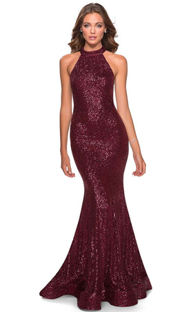 La Femme 28612C Lace Sequin Corset Halter Formal Dress