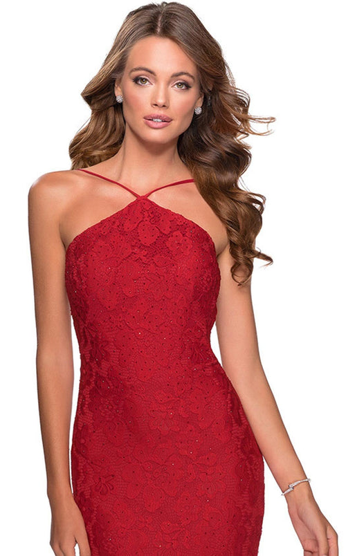 La Femme 28619C Open Back Slit Train Sleeveless Formal Dress