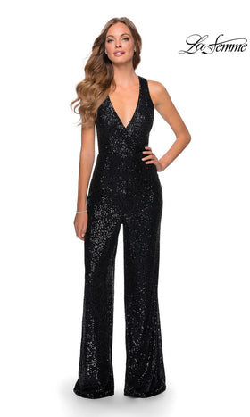 La Femme 28719 Floor-Length V-Neck Sequin Jumpsuit with Open Back