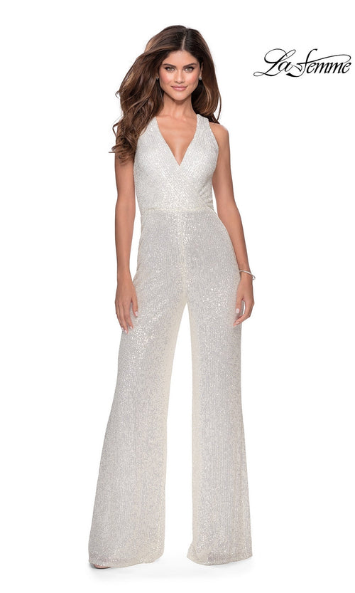 A woman models the La Femme Long Sequin Prom Jumpsuit 28719â€”sleeveless, V-neck, wide-leg, and white with sequinsâ€”against a plain white background. The La Femme logo appears in the top right corner.