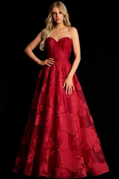 Strapless Floral Organza A-line Gown with Corset Bodice Sweetheart Formal Prom Dress by Jovani 47327