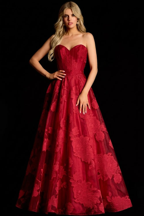 Strapless Floral Organza A-line Gown with Corset Bodice Sweetheart Formal Prom Dress by Jovani 47327