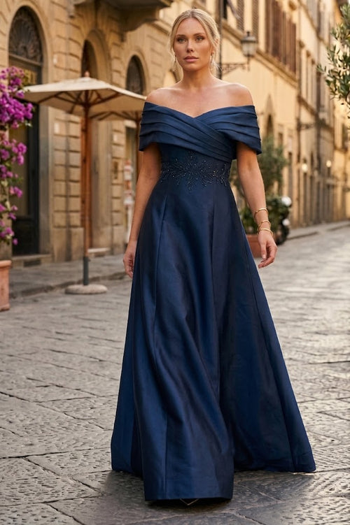 Terani Couture 232M1511 Formal Off-Shoulder Pleated Beaded Short Evening Mikado Dress