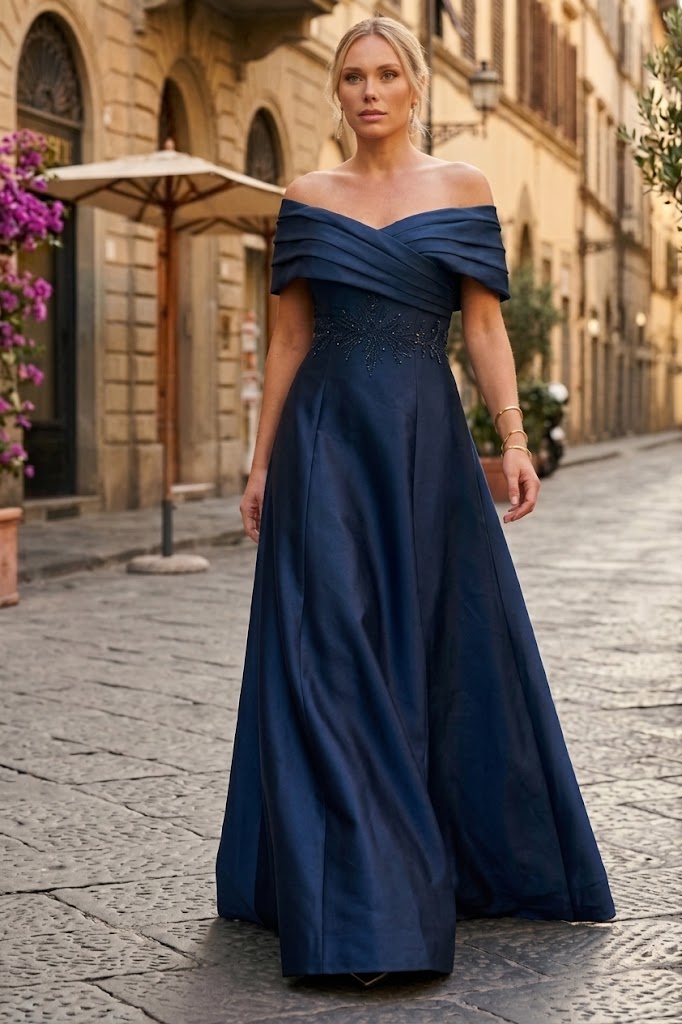 Terani Couture 232M1511 Formal Off-Shoulder Pleated Beaded Short Evening Mikado Dress