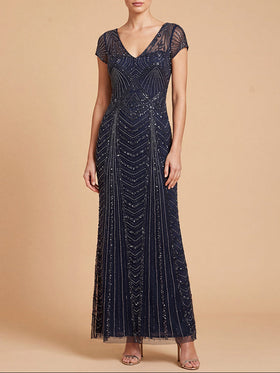 Lara 28829 Navy Cap Sleeve V-Neck Geometric Beaded Sheath Gown