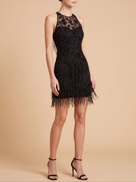 Lara 28832 Black Illusion High Neck Floral Beaded Fringe Mini Dress