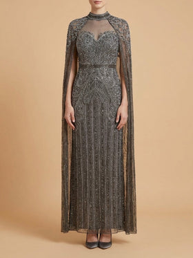 Lara 28834 Dark Grey High Neck Beaded Gown with Long Cape