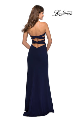 La Femme 28835 Floor-Length Strapless Stretch Jersey Prom Dress with Side Slit and Open Back