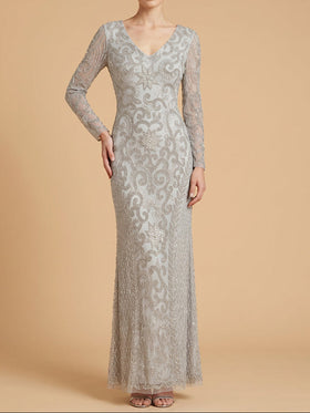 Lara 28836 Silver Long Sleeve V-Neck Scroll Beaded Evening Gown