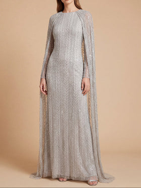Lara 28837 Silver High Neck Linear Beaded Gown with Long Cape
