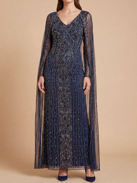 Lara 28838 Navy V-Neck Linear Beaded Gown with Long Cape