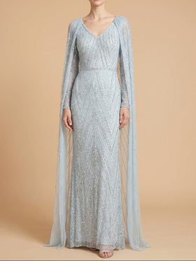 Lara 28839 V-Neck Beaded Evening Gown with Long Cape