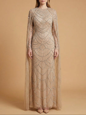 Lara 28840 Nude High Neck Draped Beaded Gown with Long Cape