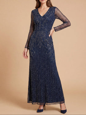 Lara 28841 Long Sheer Sleeve V-Neck Beaded Gown