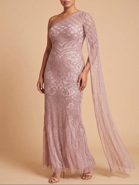 Lara 28843 Blush One Shoulder Beaded Gown with Long Cape Sleeve