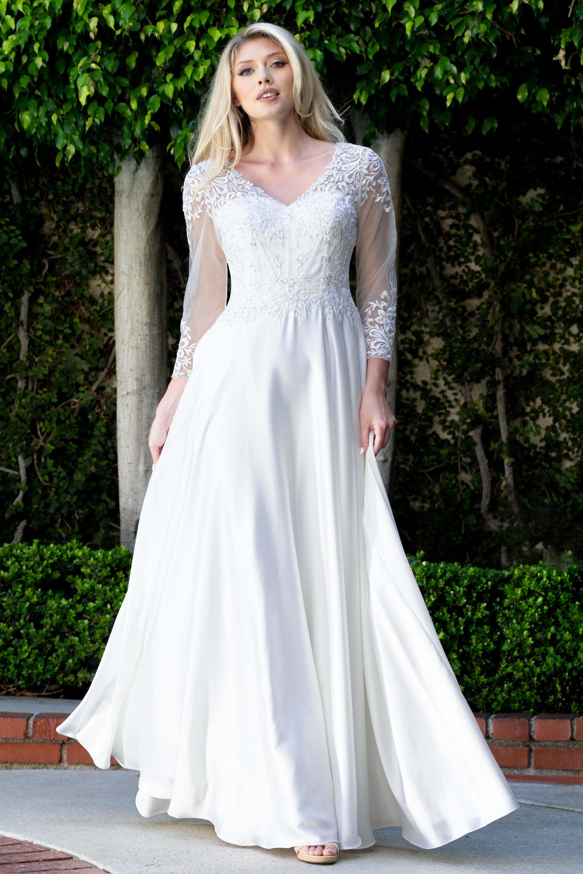 Satin A-Line Evening Gown with Lace Appliqué Bodice, 3/4 Illusion Sleeves & Pockets by Lenovia 8435