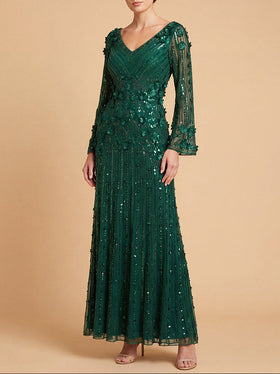 Lara 28854 V-Neck 3D Floral Beaded Long Sleeve Gown