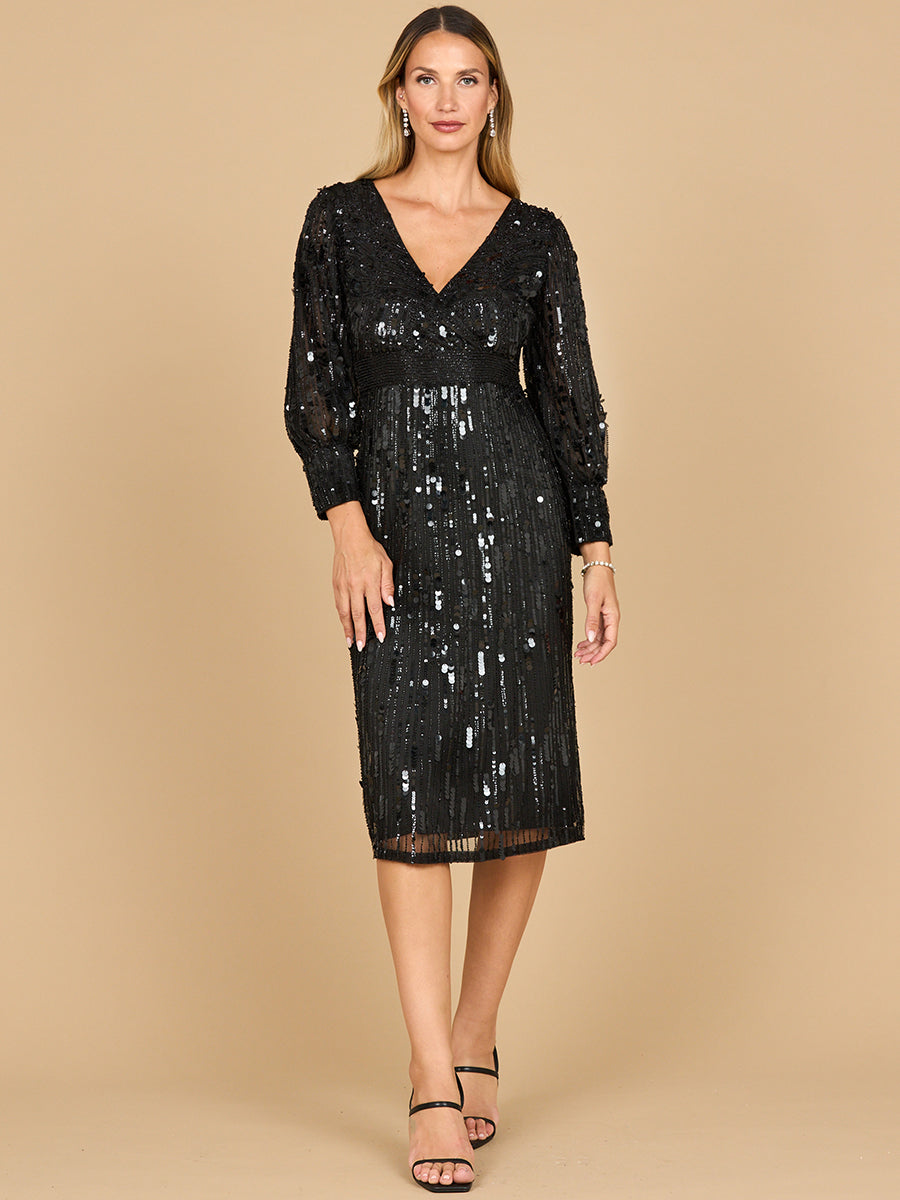 mother of the bride midi dresses with sleeves Lara 28855 Beaded Long Sleeve Dress Knee Length V-neck Sheath/Column Fabric Color:SAGE GREEN Wedding Dresses In Mansfield Open back long sleeve