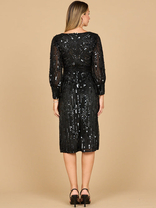 Lara 28855 Beaded Long Sleeve Mother of Bride Dress Knee Length V-neck Cocktail Attire