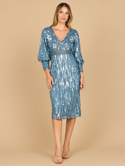 Lara 28855 Beaded Long Sleeve Mother of Bride Dress Knee Length V-neck Cocktail Attire