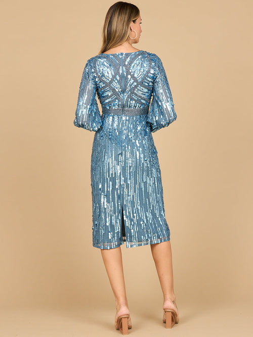 Lara 28855 Beaded Long Sleeve Mother of Bride Dress Knee Length V-neck Cocktail Attire