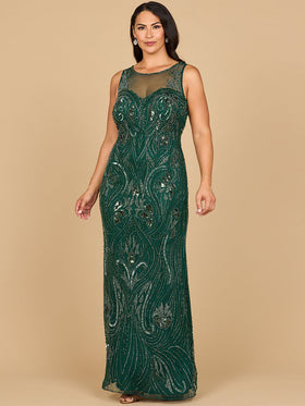 Lara 28868 Dark Green Illusion Neck Beaded Gown