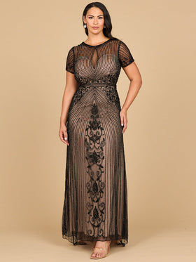Lara 28869 Cap Sleeve Illusion Keyhole Beaded Evening Gown