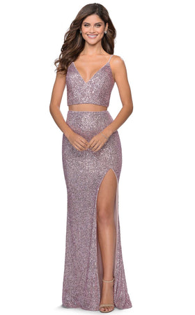 La Femme 28870C Slit Train V Neck Sleeveless Formal Dress