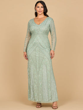 Lara 28875 Dark Sage Long Sleeve Geometric Beaded Gown