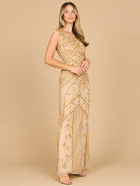 Lara 28876 Gold Cap Sleeve Beaded Gown