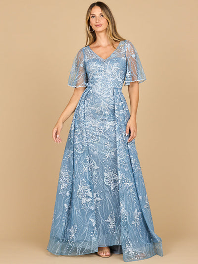 Lara 28880- Overskirt Lace Fitted V-Neck Gown with Cape Sleeves