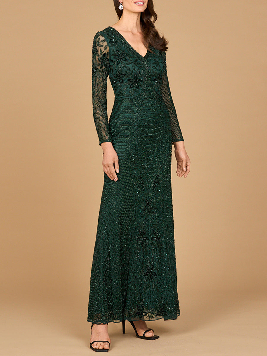 beaded long sleeve dress Long Sleeve Beaded Maxi Gown