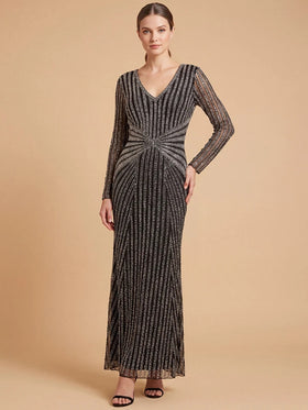 Lara 28892 BlackSilver Long Sleeve V-Neck Beaded Gown