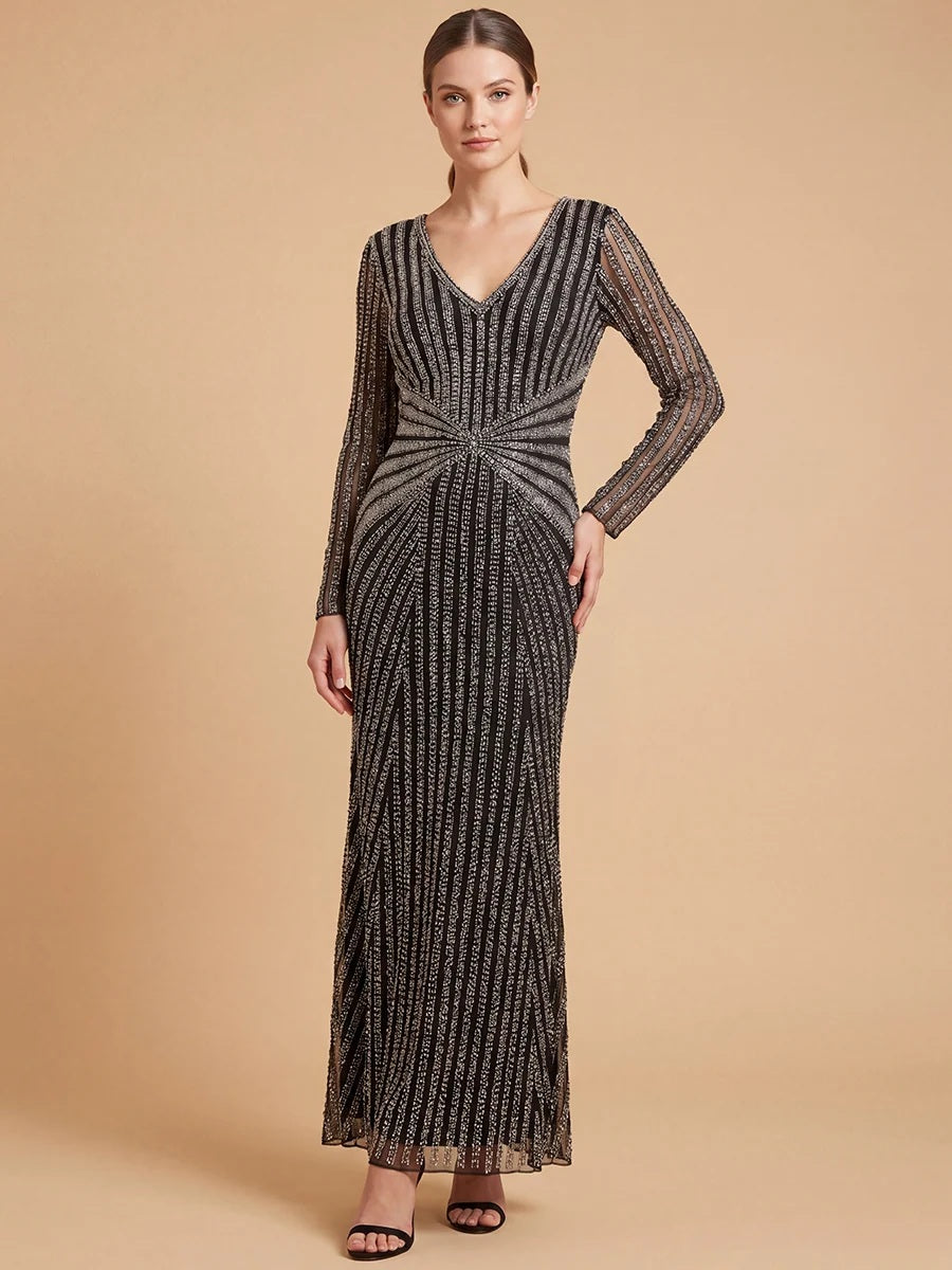 Lara 28892 BlackSilver Long Sleeve V-Neck Beaded Gown