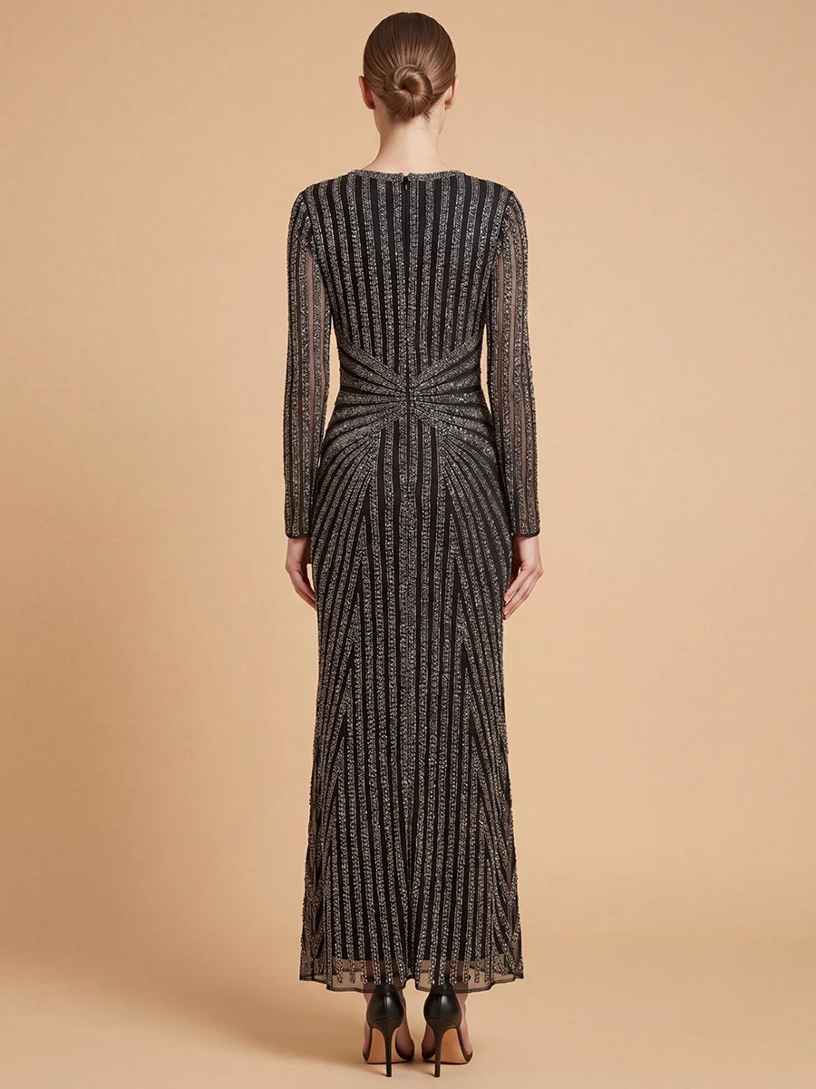 Lara 28892 BlackSilver Long Sleeve V-Neck Beaded Gown