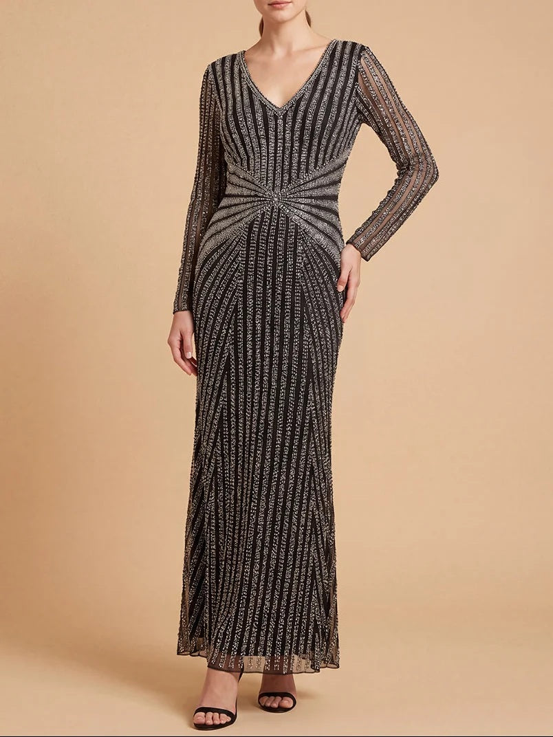 Lara 28892 BlackSilver Long Sleeve V-Neck Beaded Gown