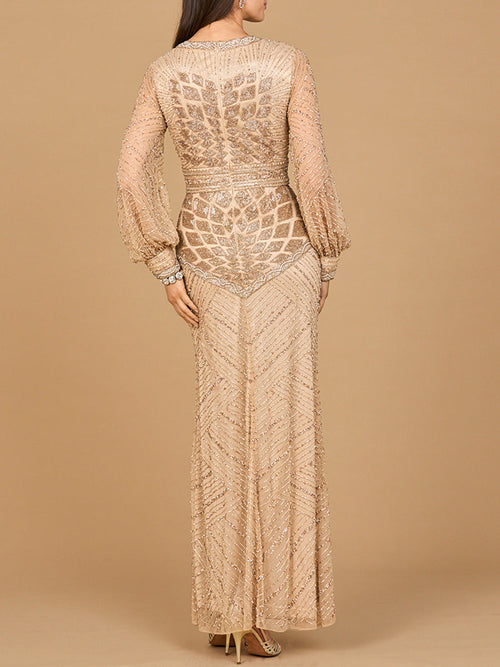 V Neck Beaded Long Sleeve Maxi Dress