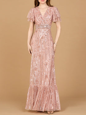 Elegant Beaded Gown with Flutter Sleeves