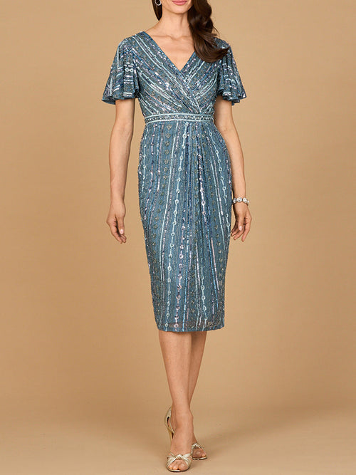Lara 28902 Beaded Knee Length Mother of the Bride Dress Short Sleeve V-neck Cocktail Attire