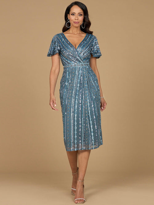 Lara 28902 Beaded Knee Length Mother of the Bride Dress Short Sleeve V-neck Cocktail Attire