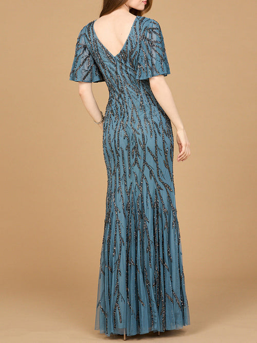 Beaded Gown with Flutter Sleeves