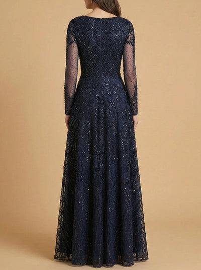Lara 28904 Navy Long Sleeve High Neck Modest Mother of Groom Gown