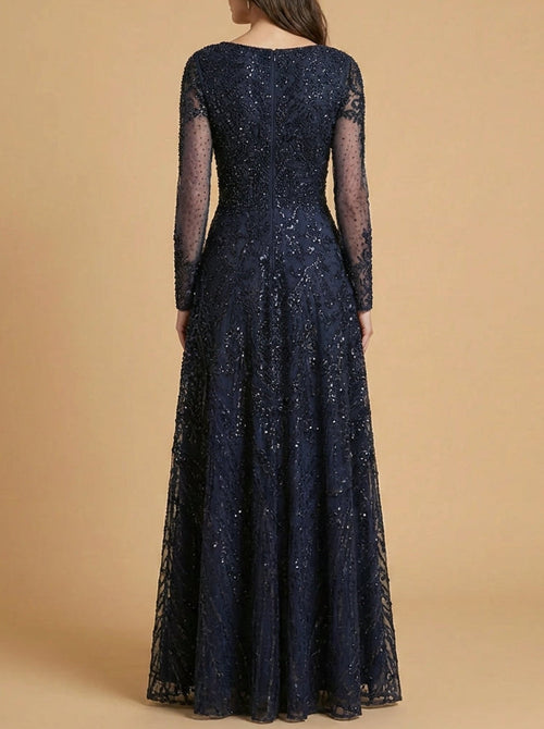 Lara 28904 Navy Long Sleeve High Neck Modest Mother of Groom Gown