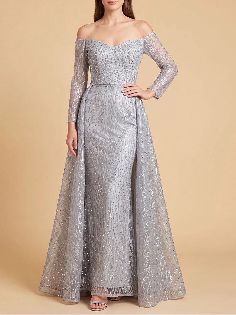 Lara 28905 Slate Off Shoulder Embroidered Overskirt Gown